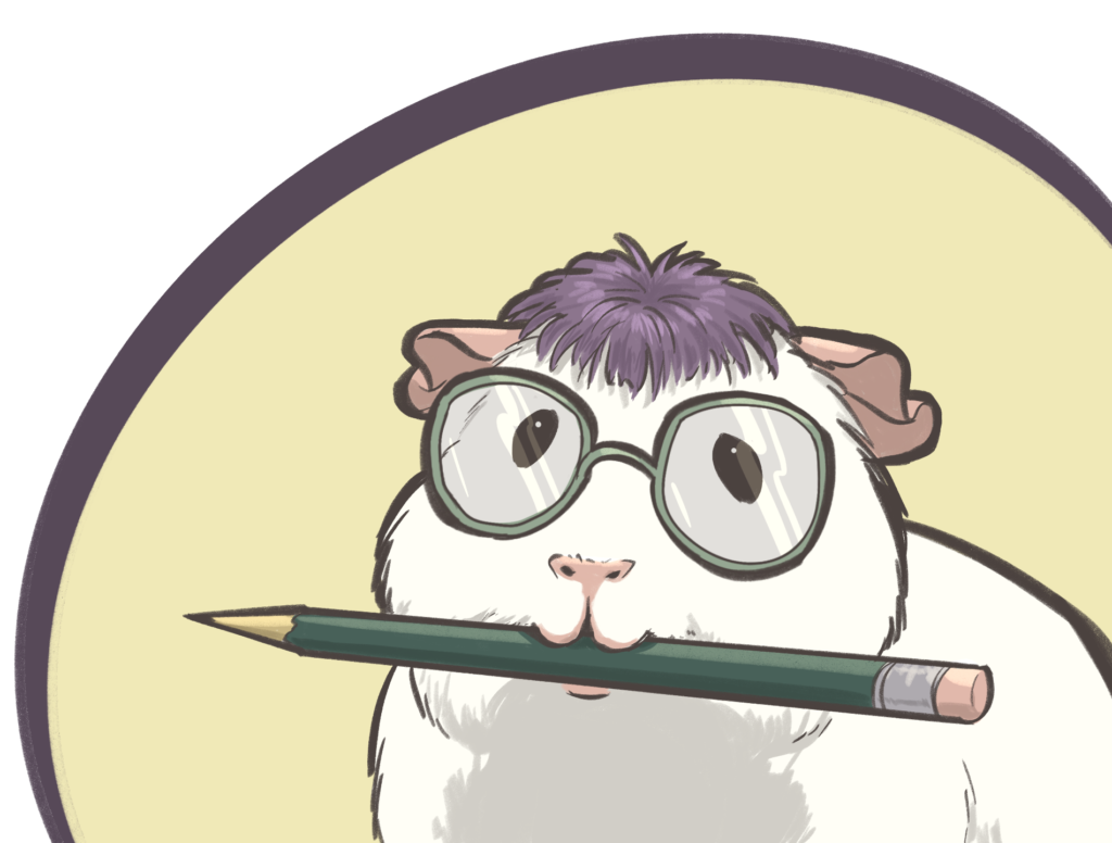 A white coronet guinea pig with purple forehead rosette, wearing glasses and holding a pencil in its mouth