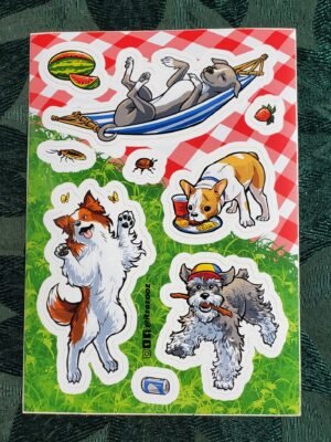 Image of Dog Cookout sticker sheet, featuring a happy pit bull in a hammock, a french bulldog eating from a plate, a sheltie playing with fireflies, and a schnauzer wearing a cap and fetching a stick